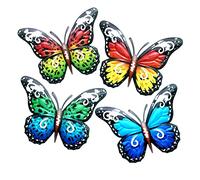 SUNNEKO Colorfu - Set di 4 statuette decorative da parete in metallo, motivo farfalle, decorazione per esterni, per recinzioni, giardino, terrazza, prato, cortile, veranda, casa fattoria, interni