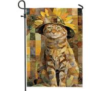 Sunny Cat - Bandiera da giardino a forma di gatto, decorazione floreale gialla con cappello, striscione su entrambi i lati, decorazione per prato all'aperto per vacanze primaverili ed estive, 30,5 x
