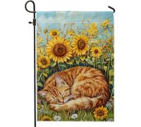 Sunny Cat - Bandiera da giardino con gatto soriano arancione che dorme tra i girasoli, bandiera estiva per esterni, bandiera su entrambi i lati in iuta per la decorazione della casa, 30,5 x 45,7 cm