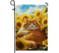 Sunny Cat - Bandiera da giardino con gatto soriano arancione nel campo di girasoli, decorazione per esterni in iuta su entrambi i lati, per primavera estate, regalo per amanti degli animali