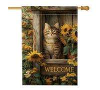 Sunny Cat - Bandiera da giardino di benvenuto con girasoli gialli vivaci, decorazione per esterni, in iuta su entrambi i lati, per primavera ed estate, 71 x 101 cm