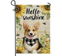 Sunny Corgi - Bandiera da giardino con girasoli gialli e api, decorazione per esterni, in iuta su entrambi i lati, per primavera ed estate, adorabile decorazione stagionale per prato, 30,5 x 45,7 cm