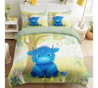 Sunny Country - Set di biancheria da letto per bambini, motivo: mucche e prati, per letto singolo da 135 x 200 cm, colore: acqua chiaro, in morbida microfibra, con 1 federa, chiusura lampo