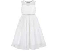 Sunny Fashion Vestito Bambina Bianco Argento Lustrino Stella Diamante Vita Nozze Festa 10 Anni