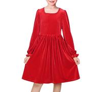 Sunny Fashion Vestito Bambina Scarlatto Velluto Collo Quadrato Puff Polsino Manica Lunga Pieghe Natale Famiglia Inverno 6 Anni