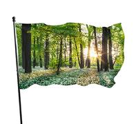 Sunny Forest Garden Flag 3x5 FT Bellezza Luce solare Foglia verde Albero Fiore selvatico Fiore Poliestere Cortile Bandiere Casa Patio Prato Banner di auguri per esterni