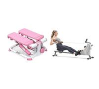 Sunny Health and Fitness Exercise Stepping Machine, Portable Mini Stair Stepper for Home or Office + Compact Folding Magnetic Rowing Machine w/ 109 CM Slide Rail, 130 KG Max