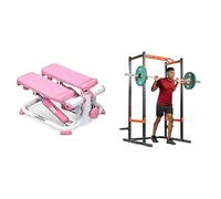 Sunny Health and Fitness Exercise Stepping Machine, Portable Mini Stair Stepper for Home or Office + Power Zone Strength Rack Power Cage - 455 KG Weight Capacity, Spotter Bar, Angled Pull-Up Ba