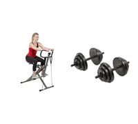 Sunny Health and Fitness Row-N-Ride™ PRO Squat Assist Trainer, Rowing Machine w/Digital Monitor + Exercise Vinyl 18 KG Dumbbell Set Hand Weights for Strength Training, Weight Loss, Workout Bench