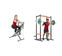 Sunny Health and Fitness Row-N-Ride™ PRO Squat Assist Trainer, Rowing Machine w/Digital Monitor + Power Zone Strength Rack Power Cage - 455 KG Weight Capacity, Spotter Bar, Angled Pull-Up Ba
