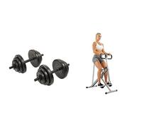 Sunny Health and Fitness Squat Assist Upright Row-N-Ride Rowing Machine, Horse Riding Machine + Exercise Vinyl 18 KG Dumbbell Set Hand Weights for Strength Training, Weight Loss, Workout Bench
