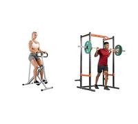 Sunny Health and Fitness Squat Assist Upright Row-N-Ride Rowing Machine, Horse Riding Machine + Power Zone Strength Rack Power Cage - 455 KG Weight Capacity, Spotter Bar, Angled Pull-Up Ba