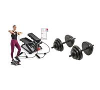 Sunny Health and Fitness Total Body Smart 2-in-1 Stepper Machine, Total Body Workout, Adjustable + Exercise Vinyl 18 KG Dumbbell Set Hand Weights for Strength Training, Weight Loss, Workout Bench