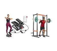 Sunny Health and Fitness Total Body Smart 2-in-1 Stepper Machine, Total Body Workout, Adjustable + Power Zone Strength Rack Power Cage - 455 KG Weight Capacity, Spotter Bar, Angled Pull-Up Ba