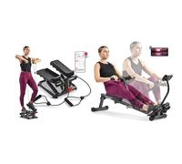 Sunny Health and Fitness Total Body Smart 2-in-1 Stepper Machine, Total Body Workout, Adjustable + Smart Compact Adjustable Rowing Machine, 12 Levels Adjustable Resistance