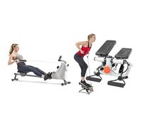 Sunny Health & Fitness Advanced Mini Home Steppers with Resistance Bands + Compact Folding Magnetic Rowing Machine w/ 109 CM Slide Rail, 130 KG Max