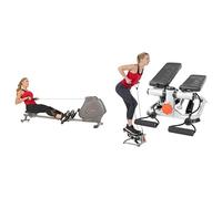 Sunny Health & Fitness Advanced Mini Home Steppers with Resistance Bands + Foldable and Compact Magnetic Rowing Machine, 130 KG Max, LCD Display, Super Quiet
