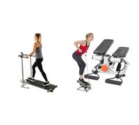 Sunny Health & Fitness Advanced Mini Home Steppers with Resistance Bands + Foldable Manual Treadmill, Compact Cardio Fitness, Durable Non-Electric Incline Exercise