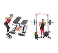 Sunny Health & Fitness Advanced Mini Home Steppers with Resistance Bands + Power Zone Squat Stand Rack Power Cage - SF-XF9931