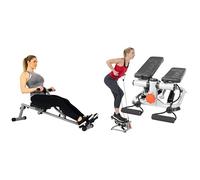 Sunny Health & Fitness Advanced Mini Home Steppers with Resistance Bands + SF-RW1205 12 Adjustable Resistance Rowing Machine Rower w/Digital Monitor