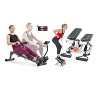 Sunny Health & Fitness Advanced Mini Home Steppers with Resistance Bands + Smart Compact Adjustable Rowing Machine, 12 Levels Adjustable Resistance