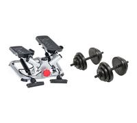 Sunny Health & Fitness Advanced Twist Stepper Machine w/Resistance Bands, Portable Mini + Exercise Vinyl 18 KG Dumbbell Set Hand Weights for Strength Training, Weight Loss, Workout Bench