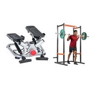 Sunny Health & Fitness Advanced Twist Stepper Machine w/Resistance Bands, Portable Mini + Power Zone Strength Rack Power Cage - 455 KG Weight Capacity, Spotter Bar, Angled Pull-Up Ba