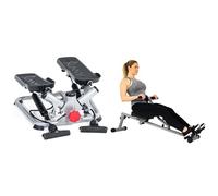 Sunny Health & Fitness Advanced Twist Stepper Machine w/Resistance Bands, Portable Mini + SF-RW1205 12 Adjustable Resistance Rowing Machine Rower w/Digital Monitor