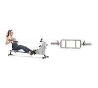 Sunny Health & Fitness Compact Folding Magnetic Rowing Machine w/ 109 CM Slide Rail, 130 KG Max + 86 cm Olympic Triceps Bar with Ring Collars, Olympic Weight for Weightlifting and Bodybuilding