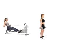 Sunny Health & Fitness Compact Folding Magnetic Rowing Machine w/ 109 CM Slide Rail, 130 KG Max + Adjustable 15 KG Dumbbell Set w/Carry Case, Space Saver, Secure Quick-Lock