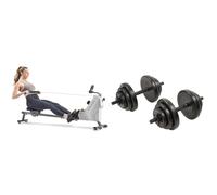 Sunny Health & Fitness Compact Folding Magnetic Rowing Machine w/ 109 CM Slide Rail, 130 KG Max + Exercise Vinyl 18 KG Dumbbell Set Hand Weights for Strength Training, Weight Loss, Workout Bench