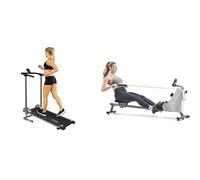 Sunny Health & Fitness Compact Folding Magnetic Rowing Machine w/ 109 CM Slide Rail, 130 KG Max + Foldable Manual Treadmill, Compact Cardio Fitness, Durable Non-Electric Incline Exercise