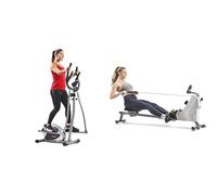 Sunny Health & Fitness Compact Folding Magnetic Rowing Machine w/ 109 CM Slide Rail, 130 KG Max + Legacy Stepping Elliptical Machine, Total Body Trainer with Ultra- Quiet Magnetic Belt Drive