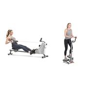 Sunny Health & Fitness Compact Folding Magnetic Rowing Machine w/ 109 CM Slide Rail, 130 KG Max + Twister Stepper Machine, Height Adjustable Stepper w/Handlebars & LCD Monitor