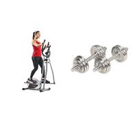 Sunny Health & Fitness Legacy Stepping Elliptical Machine, Ultra- Quiet Magnetic Belt Drive + Adjustable 15 KG Dumbbell Set with Carry Case, Space Saver, Secure Quick-Lock