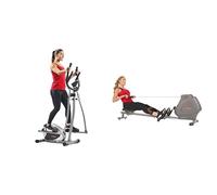 Sunny Health & Fitness Legacy Stepping Elliptical Machine, Ultra- Quiet Magnetic Belt Drive + Foldable and Compact Magnetic Rowing Machine, 130 KG Max, LCD Display, Super Quiet