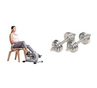 Sunny Health & Fitness Magnetic Under Desk Mini Exercise Cycle Bike, Dual Function Pedal Exerciser + Adjustable 15 KG Dumbbell Set with Carry Case, Space Saver, Secure Quick-Lock