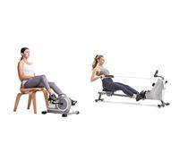 Sunny Health & Fitness Magnetic Under Desk Mini Exercise Cycle Bike, Dual Function Pedal Exerciser + Compact Folding Magnetic Rowing Machine with 43 Inch Slide Rail, 285 LB Max Weight