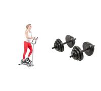 Sunny Health & Fitness Magnetic Underdesk/Standing Portable Ellittical Machine + Exercise Vinyl 18 KG Dumbbell Set Hand Weights for Strength Training, Weight Loss, Workout Bench