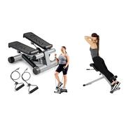 Sunny Health & Fitness Mini Stepper Machine, with Resistance Bands and LCD Monitor + 45 Degree Hyperextension Roman Chair, Steel, Grey, One Size SF-BH6629