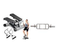 Sunny Health & Fitness Mini Stepper Machine, with Resistance Bands and LCD Monitor + 86 cm Olympic Triceps Bar with Ring Collars, Olympic Weight for Weightlifting and Bodybuilding