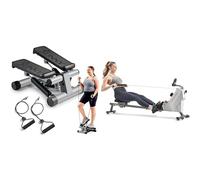 Sunny Health & Fitness Mini Stepper Machine, with Resistance Bands and LCD Monitor + Compact Folding Magnetic Rowing Machine w/ 109 CM Slide Rail, 130 KG Max