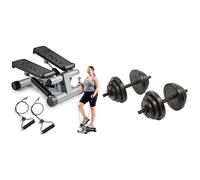 Sunny Health & Fitness Mini Stepper Machine, with Resistance Bands and LCD Monitor + Exercise Vinyl 18 KG Dumbbell Set Hand Weights for Strength Training, Weight Loss, Workout Bench