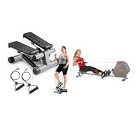 Sunny Health & Fitness Mini Stepper Machine, with Resistance Bands and LCD Monitor + Foldable and Compact Magnetic Rowing Machine, 130 KG Max, LCD Display, Super Quiet