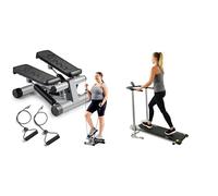 Sunny Health & Fitness Mini Stepper Machine, with Resistance Bands and LCD Monitor + Foldable Manual Treadmill, Compact Cardio Fitness, Durable Non-Electric Incline Exercise