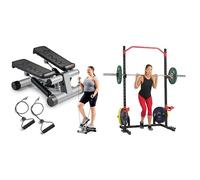 Sunny Health & Fitness Mini Stepper Machine, with Resistance Bands and LCD Monitor + Power Zone Squat Stand Rack Power Cage - SF-XF9931