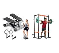 Sunny Health & Fitness Mini Stepper Machine, with Resistance Bands and LCD Monitor + Power Zone Strength Rack Power Cage - 455 KG Weight Capacity, Spotter Bar, Angled Pull-Up Ba