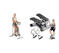 Sunny Health & Fitness Mini Stepper Machine, with Resistance Bands and LCD Monitor + Squat Assist Upright Row-N-Ride Rowing Machine, Horse Riding Machine