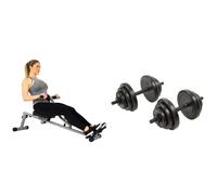Sunny Health & Fitness SF-RW1205 12 Adjustable Resistance Rowing Machine Rower w/Digital Monitor + Exercise Vinyl 18 KG Dumbbell Set Hand Weights for Strength Training, Weight Loss, Workout Bench