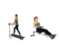 Sunny Health & Fitness SF-RW1205 12 Adjustable Resistance Rowing Machine Rower w/Digital Monitor + Foldable Manual Treadmill, Compact Cardio Fitness, Durable Non-Electric Incline Exercise